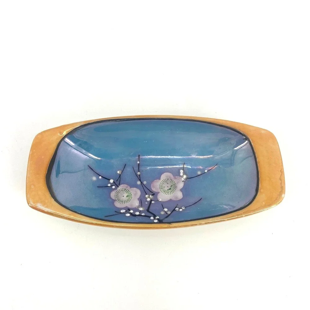 Vtg Nippon Lusterware Trinket Dish Cherry Blossoms Small Jewelry Tray Soap Dish